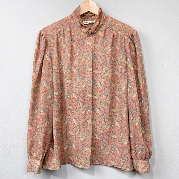Vintage Tops - Vintage Floral Blouse Sz 16 Modest High Neck Leaf Print Retro‎ Twee Office Siren